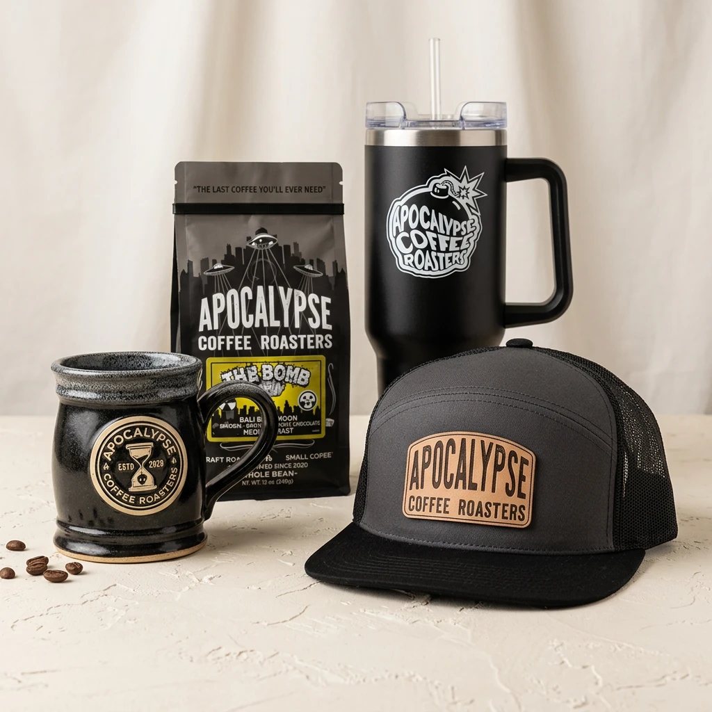 Stoneware mug, bag of The Bomb, travel tumbler and trucker cap