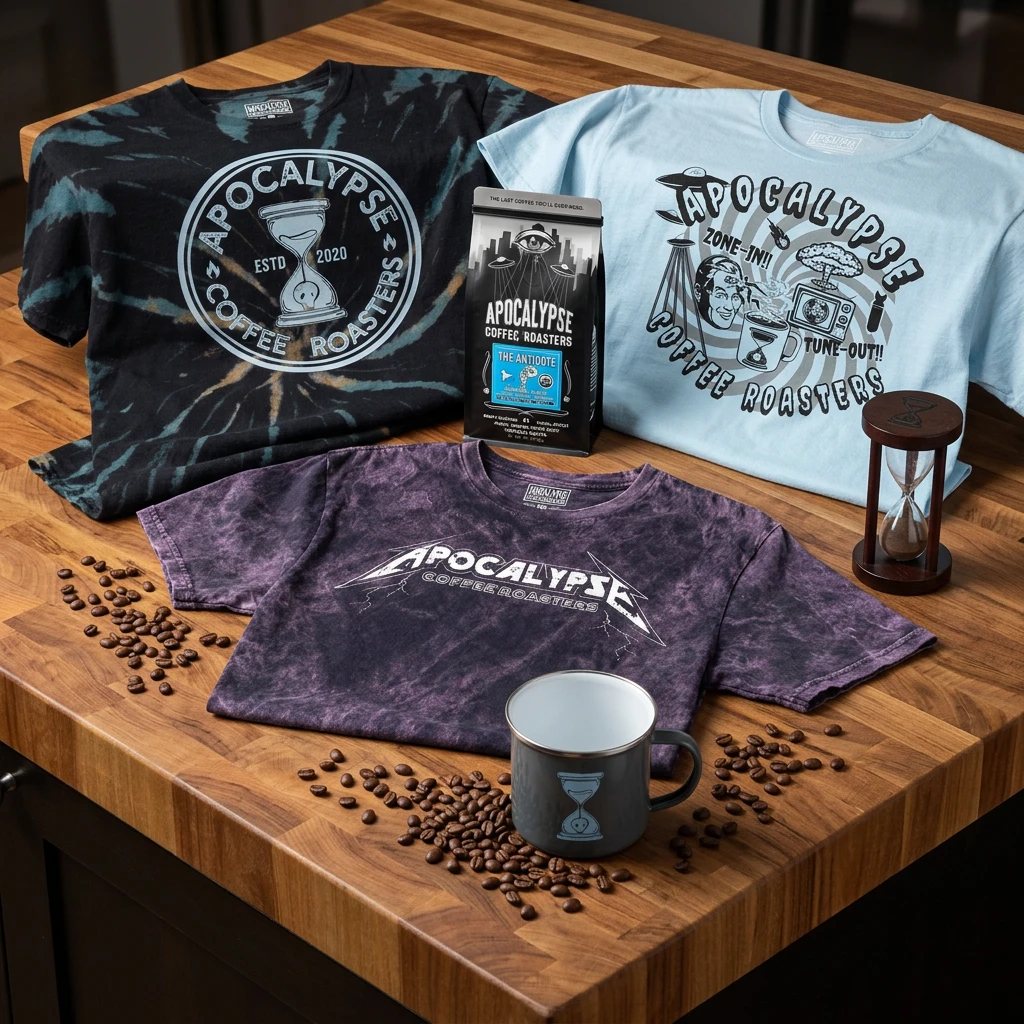 Apocalypse tees, a bag of The Antidote and an enamel camp mug on a butcher-block counter